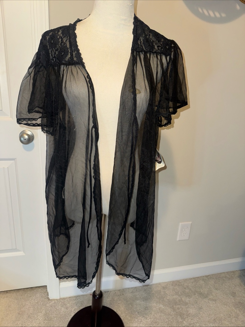 NWT Delta Burke Lingerie Black Sheer Robe Kimono Lace Trim Plus 2X Nylon